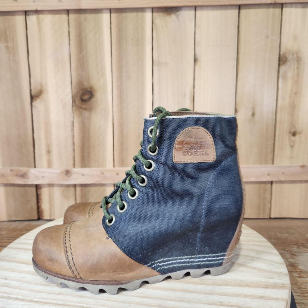 Sorel 1964 Premium Wedge Boots Womens Size 8 Blue Leather Canvas Ankle Lace Up